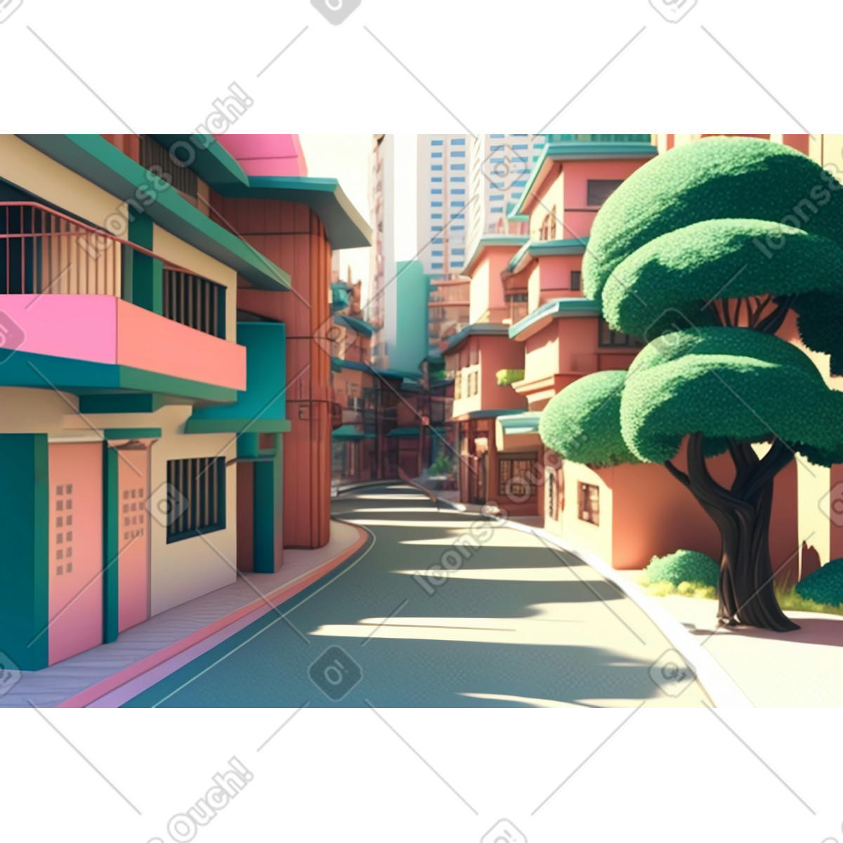Illustration Dessin animé 3d long fond de rue étroite dans le style Experimental à télécharger aux formats PNG, SVG