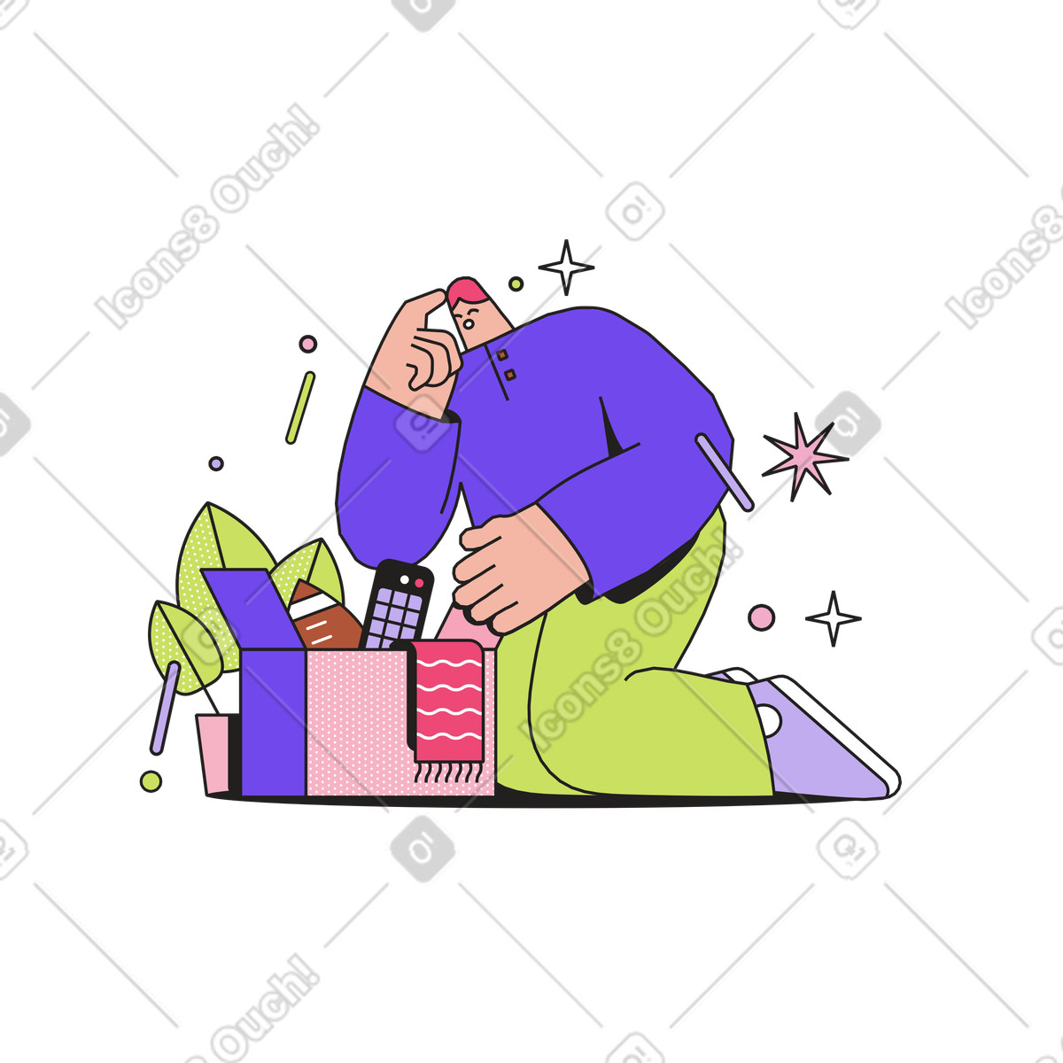 Mann sucht seine sachen im karton-Illustration Dazzle-Stil als Download in PNG, SVG