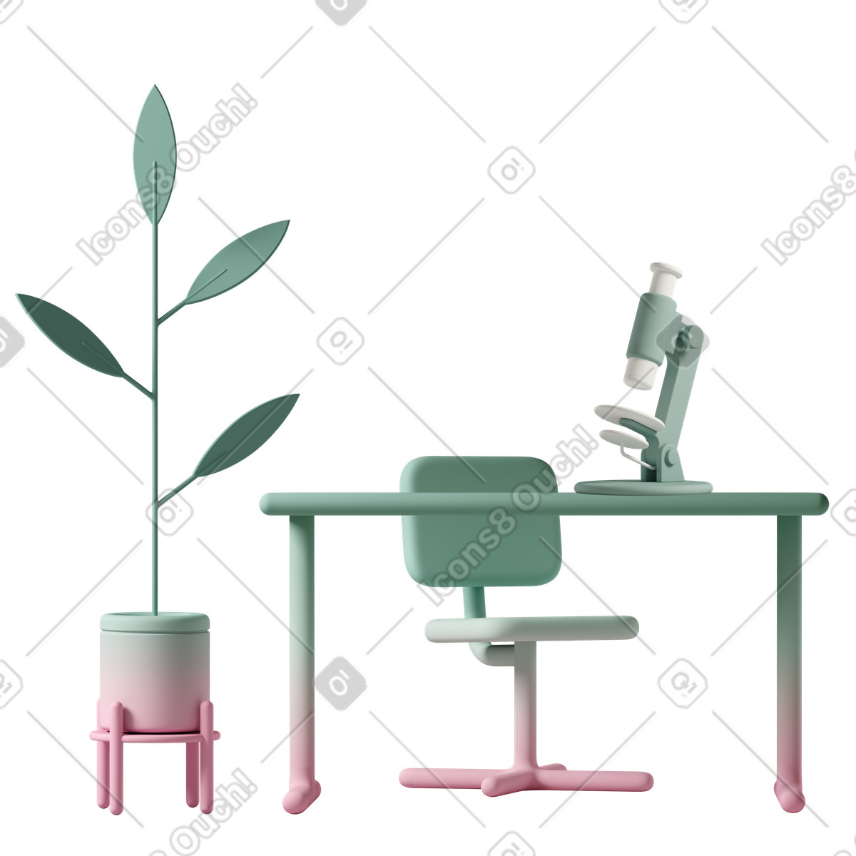 Workspace featuring tall pot plant, chair and microscope on desk illustration in PNG, SVG