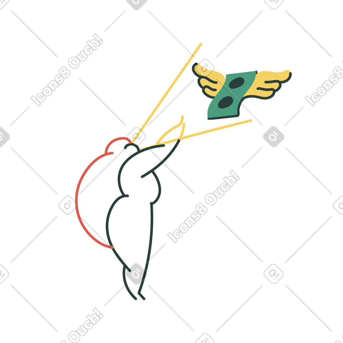 Trying to grasp money with wings, Chasing financial opportunity or delayed payment-Illustration im Macaroni-Stil als Download in PNG, SVG