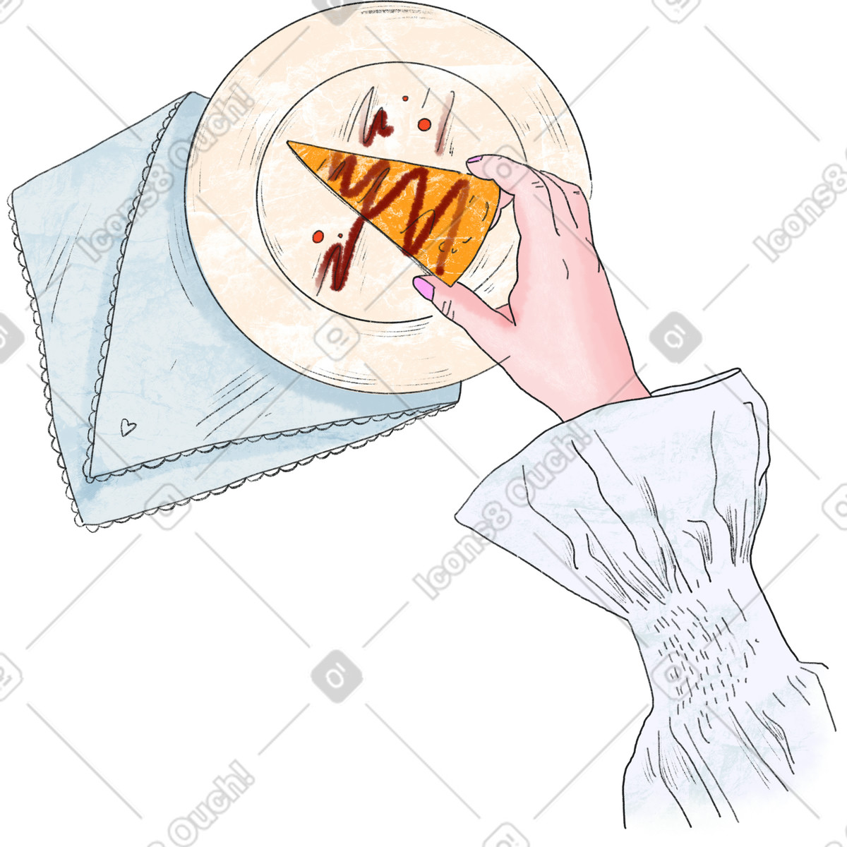Hand nimmt ein stück kuchen von einem weißen teller-Illustration im Moments-Stil als Download in PNG, SVG