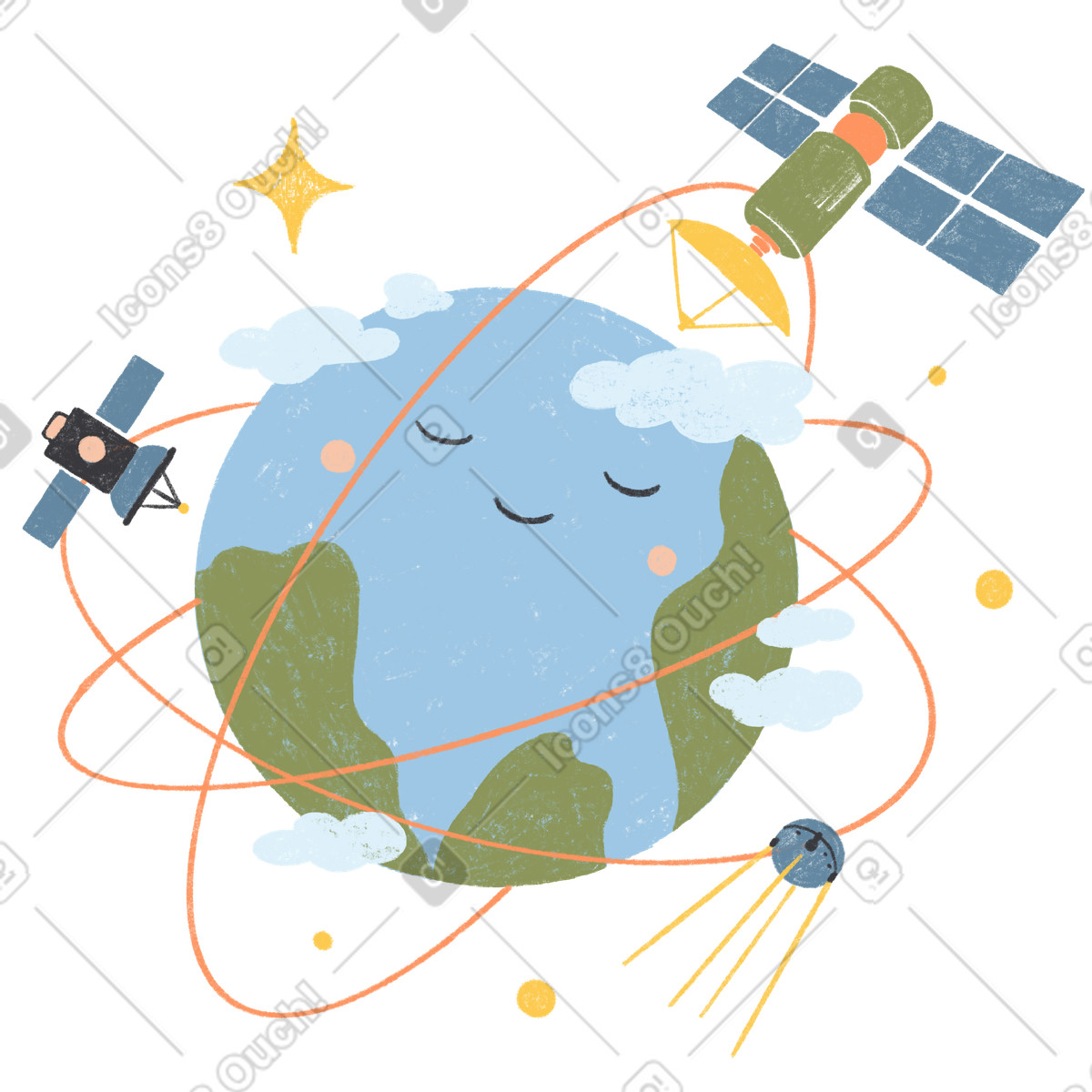 Earth illustration with orbiting satellites and clouds, education technology clipart PNG for kids