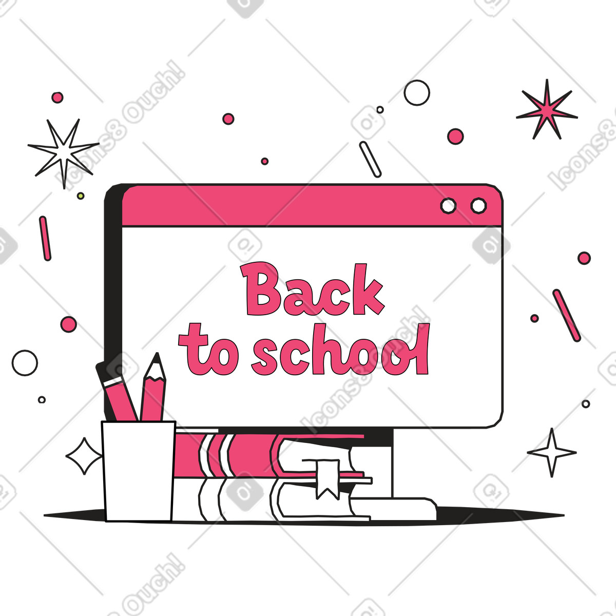 Computer with back to school text and stationery, Start of academic year illustration in Dazzle Line style download in PNG, SVG