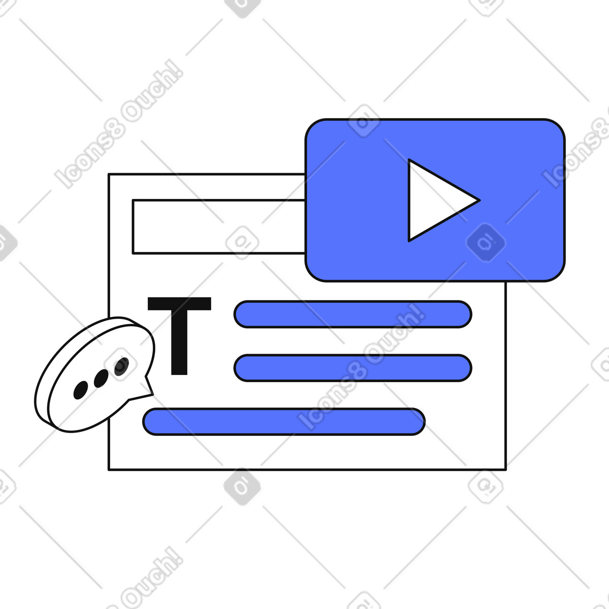 Website interface wireframe with embedded video player and comment bubble illustration in Main style download in PNG, SVG