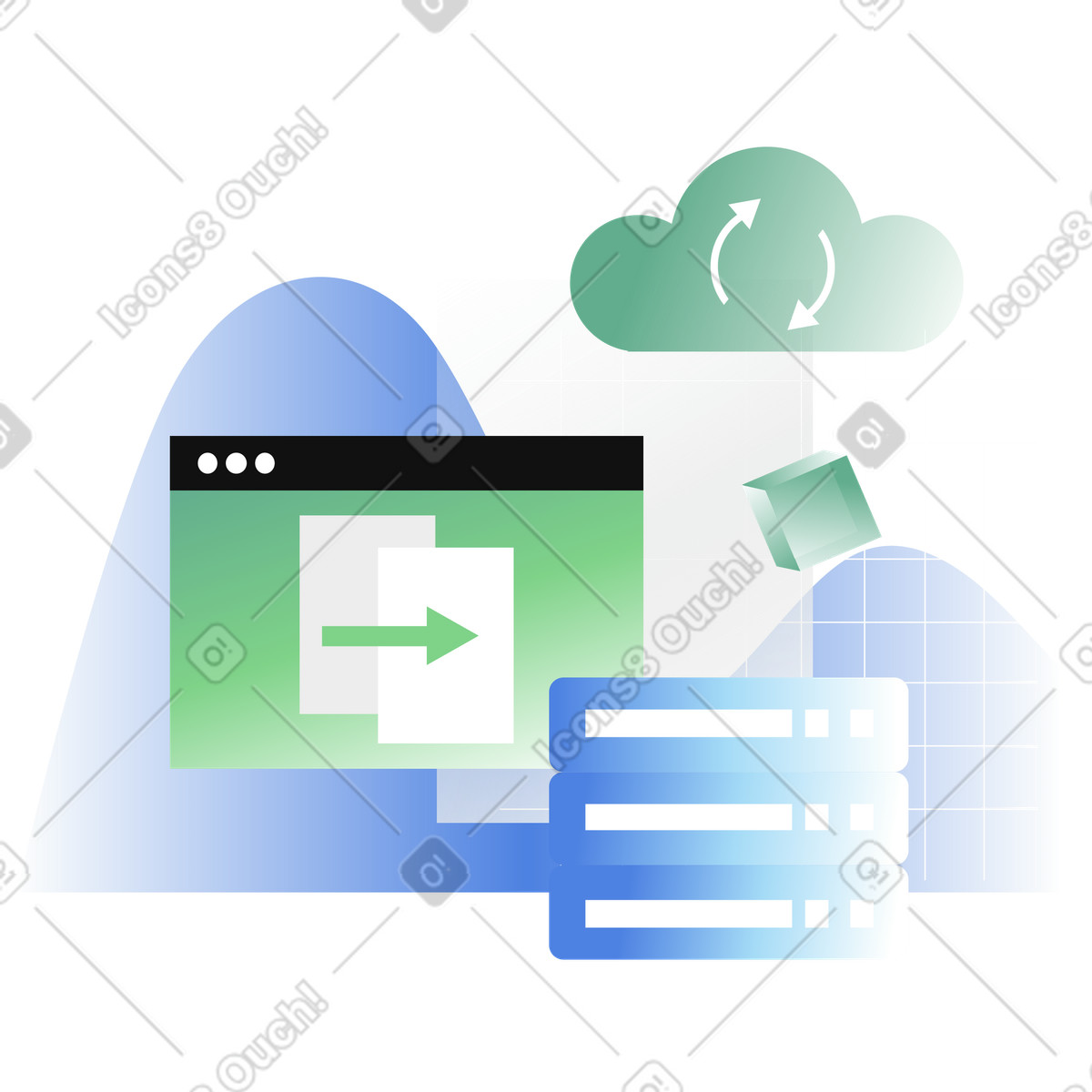 Server transferring and synchronizing data animated illustration in GIF, Lottie (JSON), AE