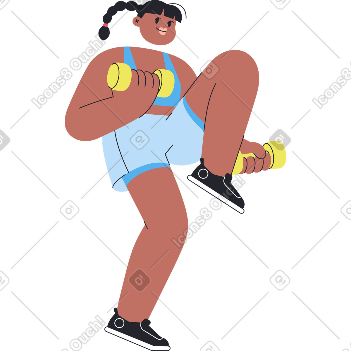 Sporty girl with dumbbells smiling and lifting leg illustration in Boba style download in PNG, SVG
