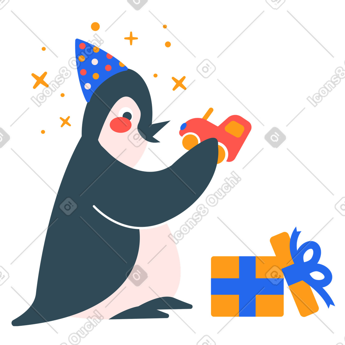 Ilustración Pingüino feliz abriendo un regalo de cumpleaños en estilo Kingdom a descargar en PNG y SVG