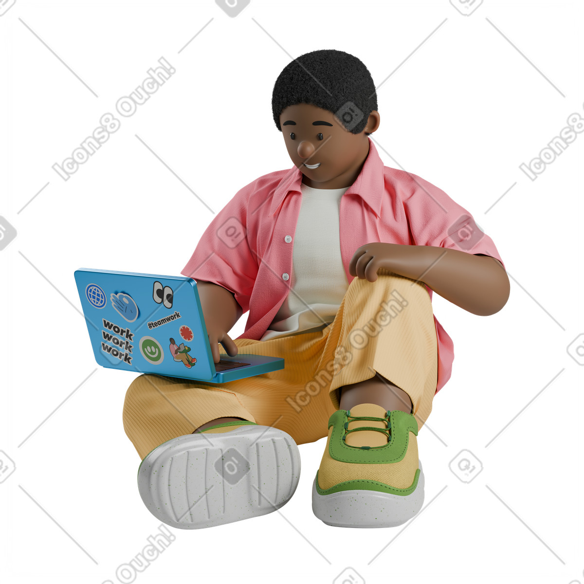 Sitting and working on laptop, Remote productivity freelance tasks illustration in 3D Kindy style download in PNG, SVG