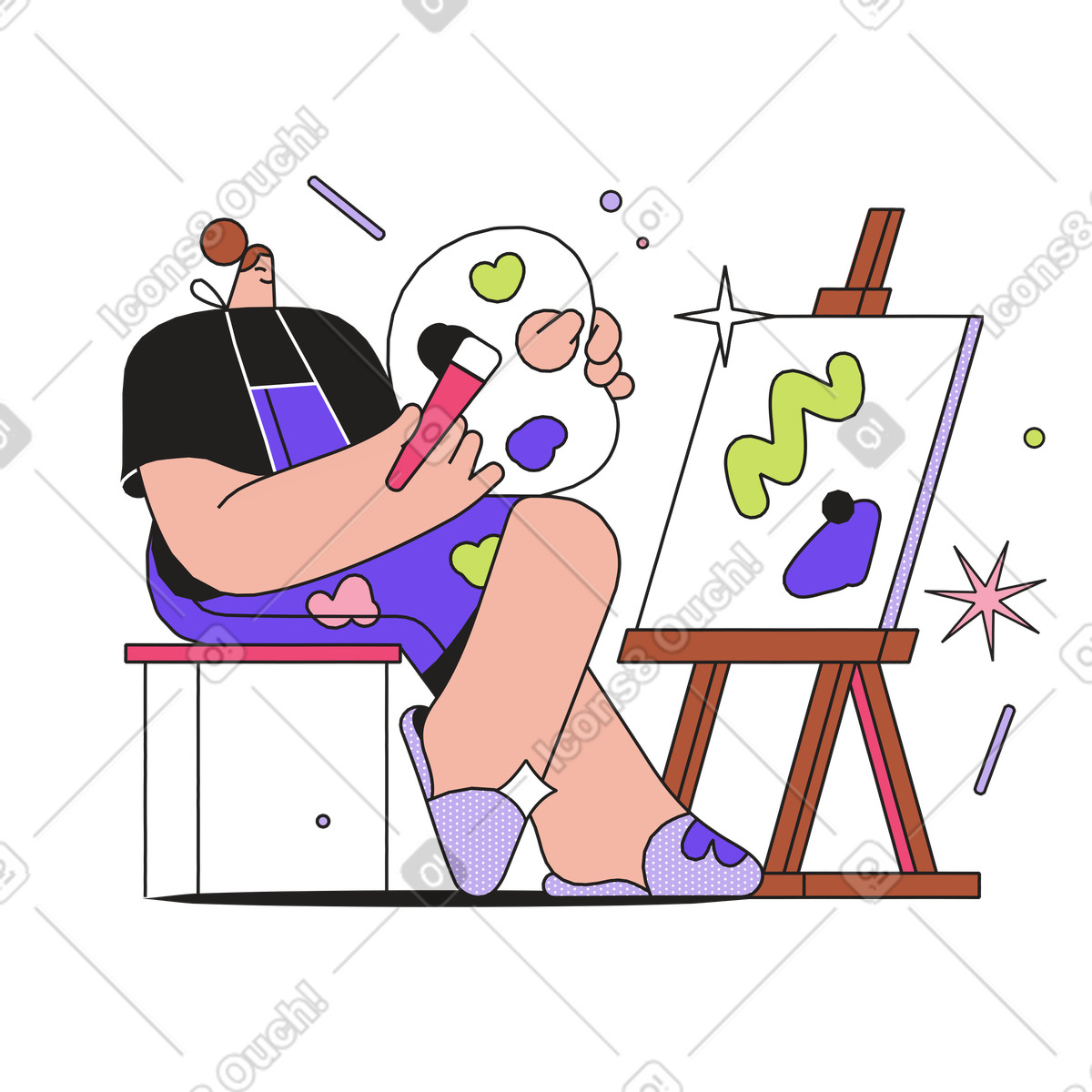 Artist painting at easel, inspiration and creativity illustrazione in stile Dazzle scarica in PNG, SVG