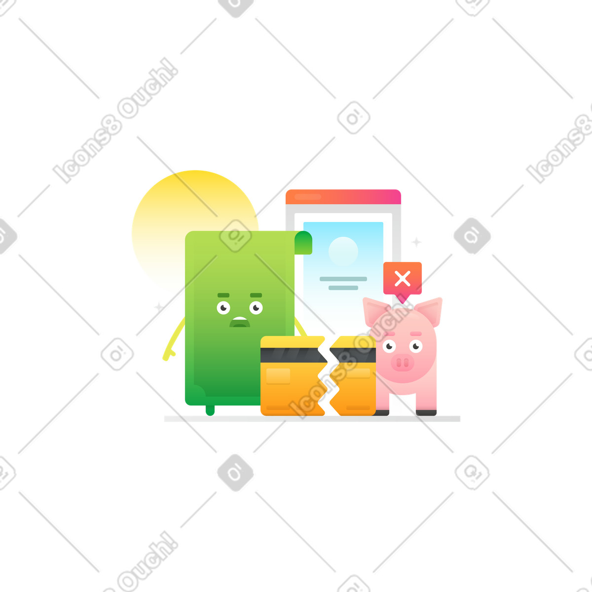 Card payment error with pig and banknote illustration in Hugo style download in PNG, SVG