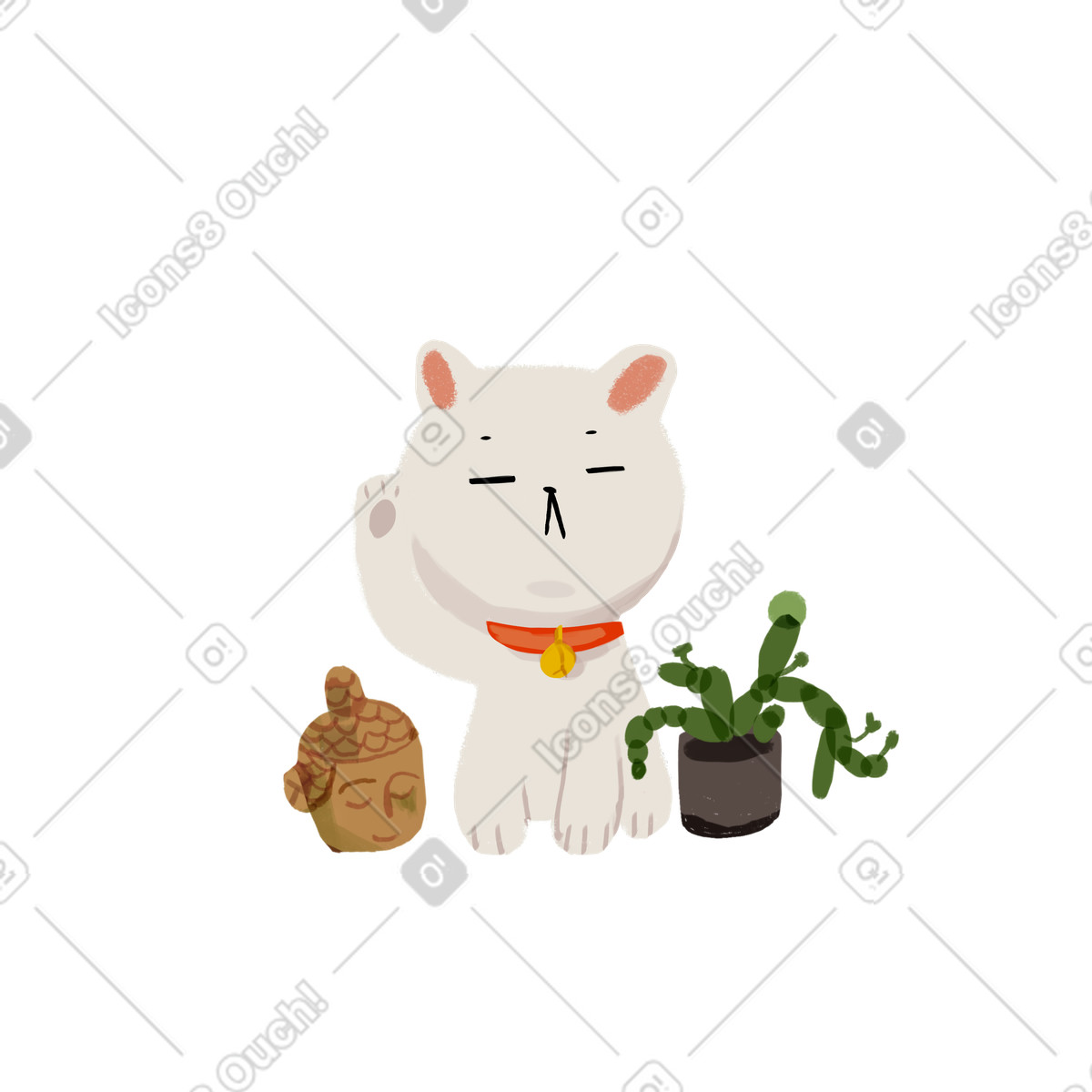White Maneki-neko with figurine and houseplant illustrazione in stile Ikigai scarica in PNG, SVG