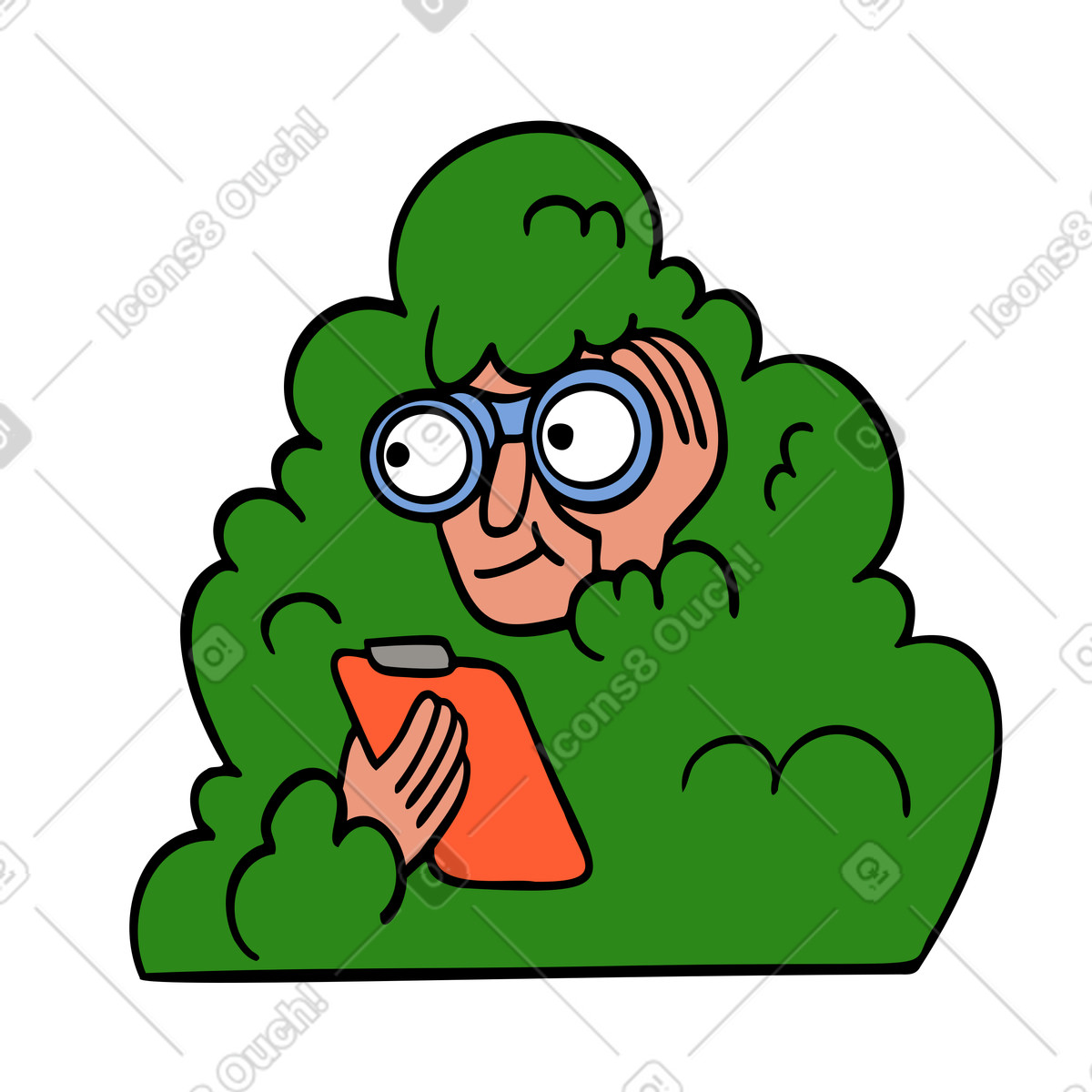 Ilustración Persona espiando a través de binoculares y escondida en el arbusto estilo Comic descargar PNG SVG