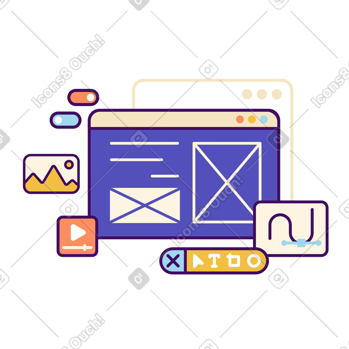 Website and graphic design with browser, toolbar toggles illustration in Simplistic style download in PNG, SVG