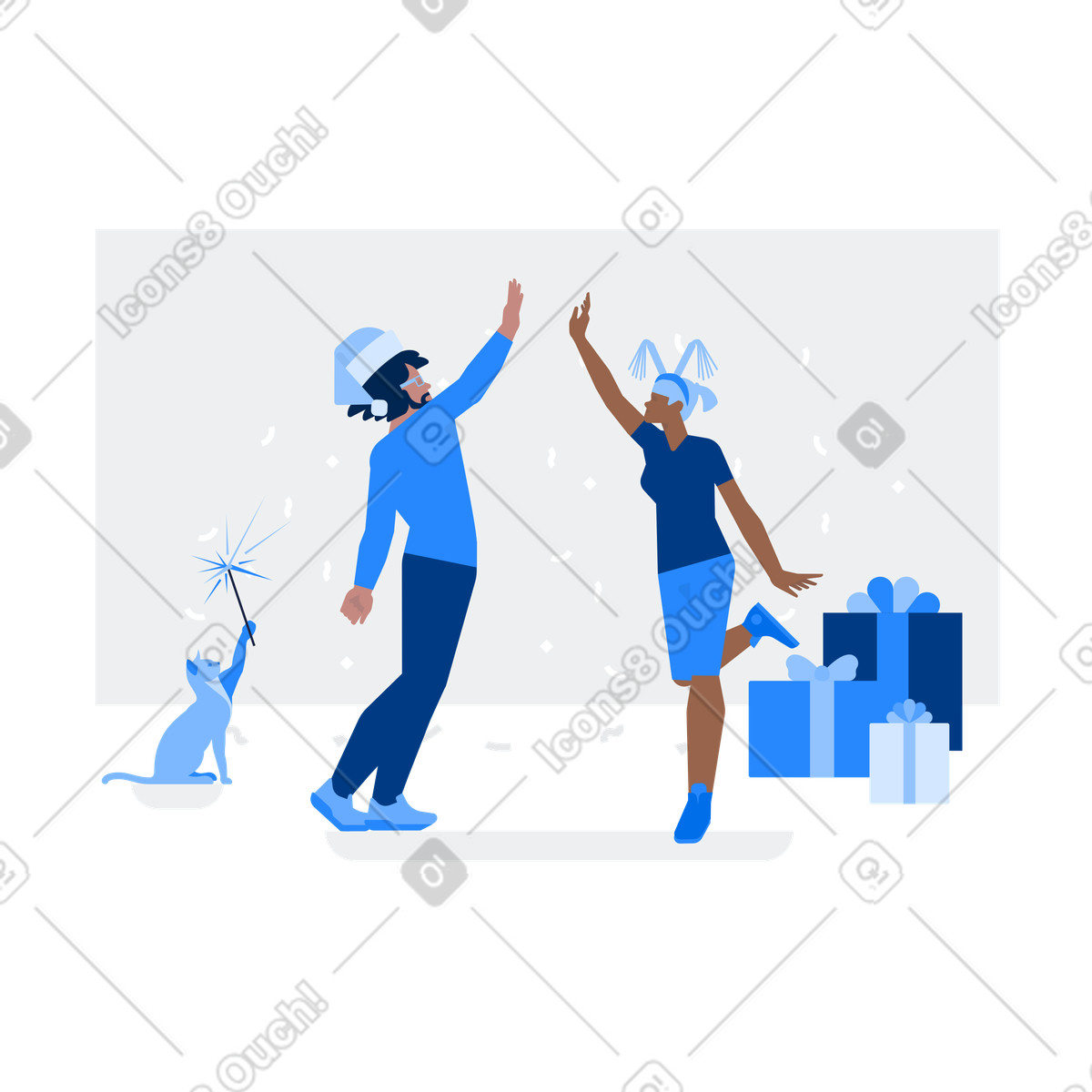 Couple celebrating with confetti and presents, Christmas party atmosphere illustration in Urban style download in PNG, SVG
