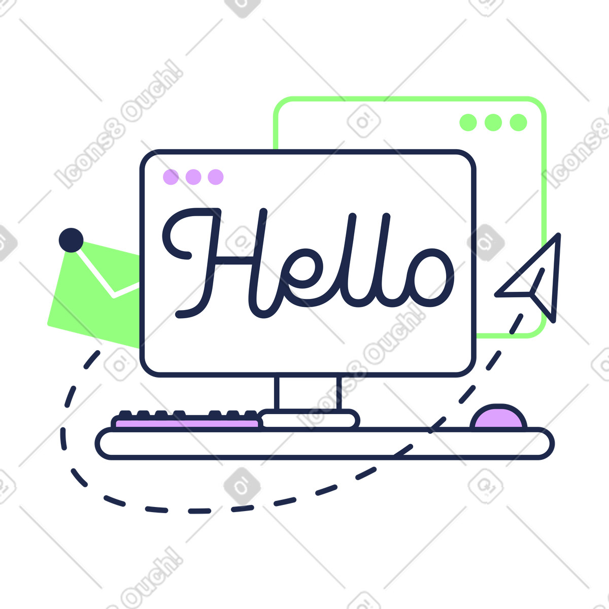下载 Outline 风格的 Hello message on computer screen, Digital greeting or messaging 插画，支持 PNG、SVG 格式