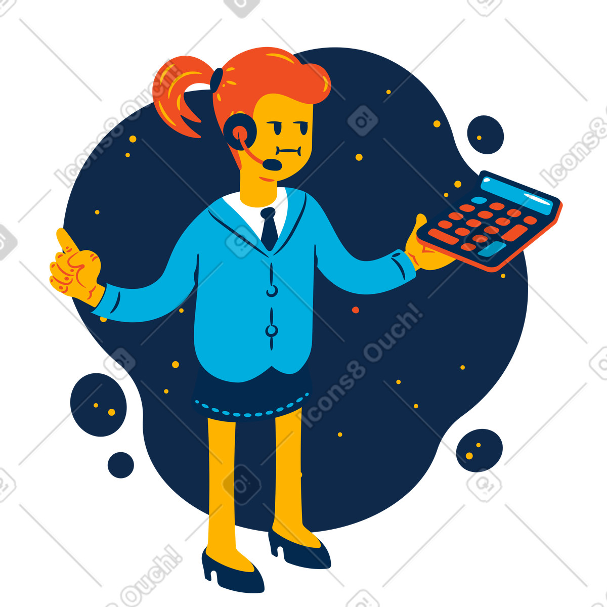 Geschäftsfrau mit headset und taschenrechner in der hand-Illustration im Flame-Stil als Download PNG, SVG