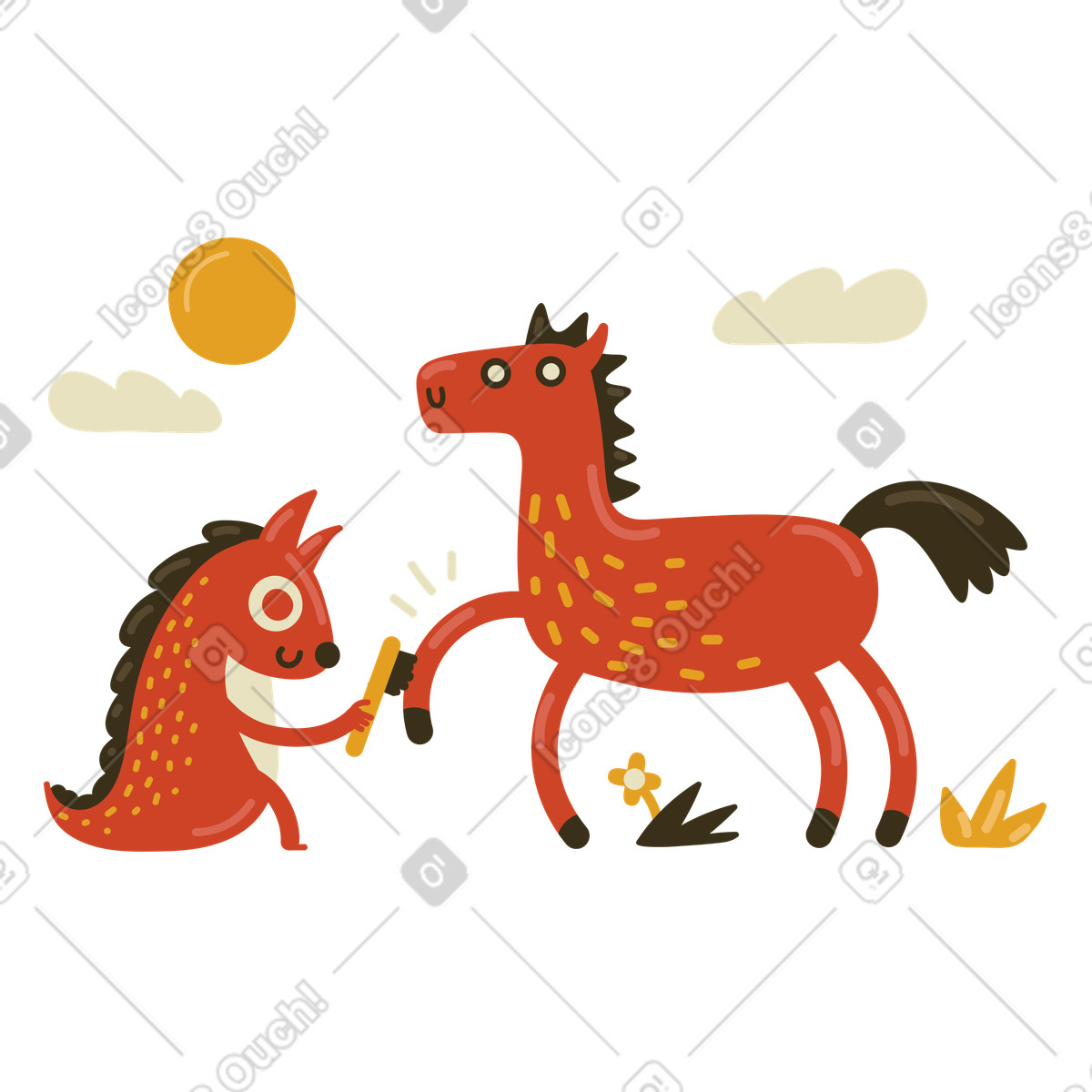 Ilustração de Esquilo carinhoso limpando cascos cavalo em no estilo Arabica para baixar em PNG, SVG