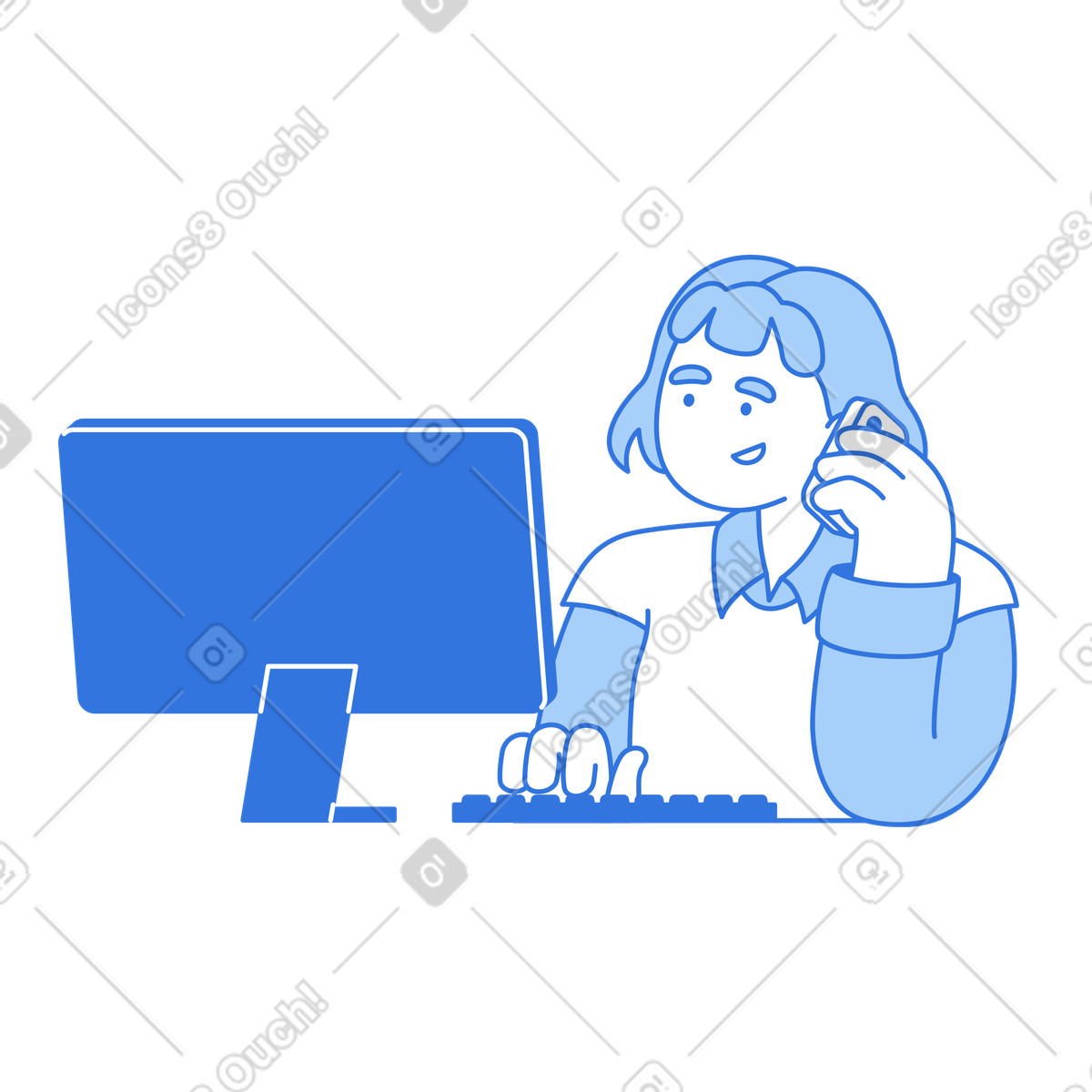 Office worker using desktop computer and mobile phone, customer care communication illustration in Sky style download in PNG, SVG