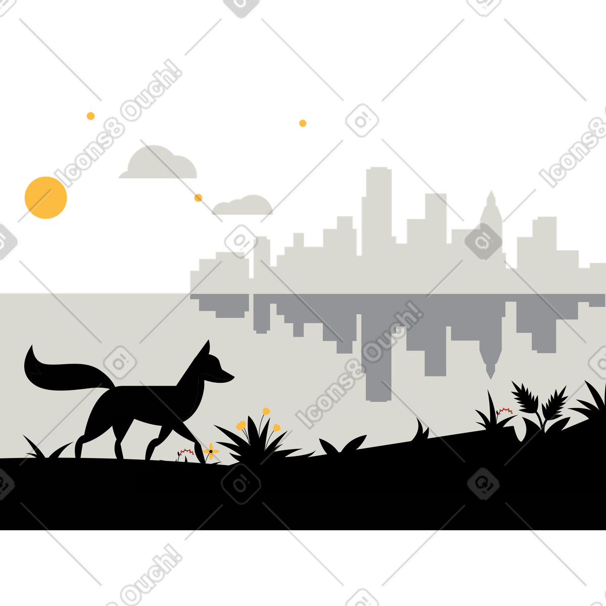 Fox walking against the backdrop of city at night illustration in Burgundy style download in PNG, SVG