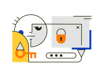 A character holding a key next to a locked screen - Geom style illustration