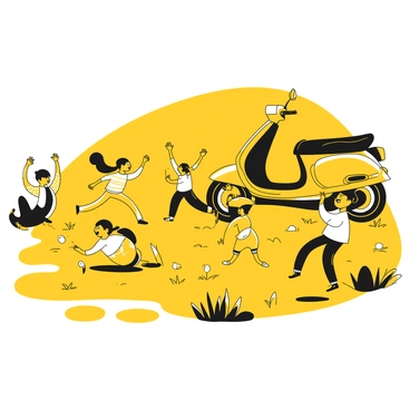 Children playing in a yard with a colorful moped in the background