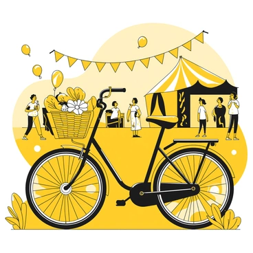 A black bicycle stands prominently, its frame embellished with various flowers in vibrant shades. The flowers are attached to the handlebars, the seat, and the wheels, creating a lively and cheerful appearance. The bicycle rests on a path amidst a bustling summer festival filled with people wearing light clothing and enjoying the festivities. In the background, colorful tents and stalls are visible, providing an energetic atmosphere. Bright banners hang overhead, fluttering gently in the warm breeze, while a few balloons float in the air nearby.