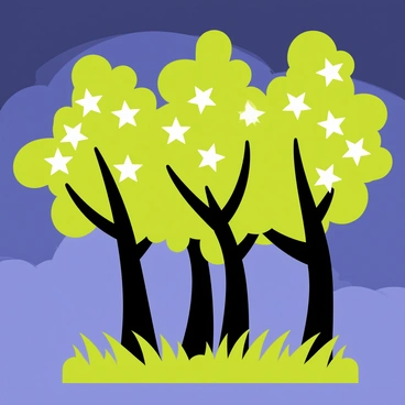 A group of trees with dark brown trunks and vibrant green leaves are set against a night sky. The branches are adorned with blossoms that glow softly, shaped like stars in varying sizes. The blossoms emit a gentle light, illuminating the surrounding area with a soft, ethereal glow. Some of the stars are clustered together while others are scattered, creating a whimsical appearance. The ground is covered in grass, lightly illuminated by the radiance from the blossoms above.