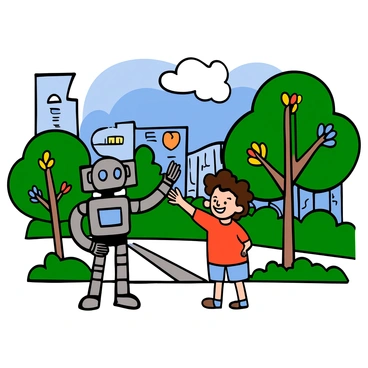 A small, friendly robot with a shiny silver body and blue glowing eyes is extending a hand towards a young child. The child has light skin and curly hair, wearing a bright red t-shirt and denim shorts, looking excited and curious. They are standing in a futuristic park filled with mechanical trees that have metallic branches and colorful, glowing leaves. The park has a vibrant atmosphere with futuristic structures in the background and a clear blue sky.