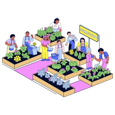A community garden filled with a variety of colorful plants and vegetables growing abundantly. There are raised garden beds made of natural wood, with herbs like basil and cilantro flourishing alongside vibrant flowers such as marigolds and sunflowers. A small pathway winds through the garden, allowing access to the different sections. In one area, a group of diverse individuals is seen tending to the plants, smiling while they work together. There are gardening tools like trowels and watering cans positioned around the garden, and a compost bin sits in one corner. A sign at the entrance reads "Community Garden."