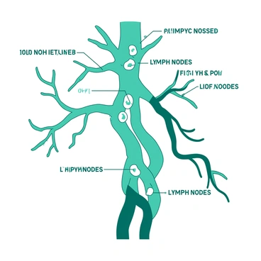 A detailed anatomical illustration of the lymphatic system is displayed. The image features a network of lymph vessels in a vibrant teal color, clearly outlining their paths across the body. Key lymph nodes are represented in a contrasting white color, strategically placed along the vessels. Each node is marked with a label indicating its location. The background is minimal to enhance clarity, ensuring that the lymphatic system is the focal point of the illustration.