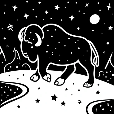 A bison walking on a path made of swirling stars, surrounded by a vast expanse of stars and galaxies. The bison has a detailed fur texture and large horns. The stars create a shimmering effect around the bison, with various celestial bodies in the background. The scene captures the majestic nature of the bison in an otherworldly environment filled with intricate star patterns.