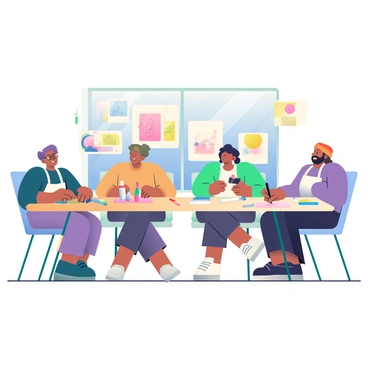 A group of five artists is gathered around a large wooden conference table. Each artist has a unique appearance, with varying hairstyles and clothing styles reflecting their individual creativity. The table is covered with colorful sketches in different sizes, showcasing a variety of art styles. Several art supplies, including paint tubes, brushes, and markers, are scattered across the table. Two artists are discussing animatedly, while another artist is focused on drawing. A large window behind them allows natural light to fill the room, illuminating the vibrant colors of the sketches.