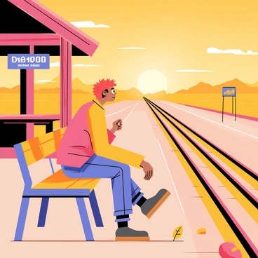 A dreamer with tousled hair sits on a wooden bench at a train station. The station is empty, with a rustic wooden structure and a sign showing the name of the station. The sun is setting, casting a warm orange glow over the scene. The dreamer's face is thoughtful, with their eyes fixed on the glistening steel tracks that stretch into the distance. A few scattered leaves lie on the ground nearby, and a distant silhouette of a mountain range can be seen in the background.