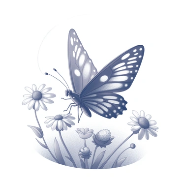 A butterfly with intricate wing patterns is flapping its wings in a garden. The wings display detailed designs that suggest motion as they move up and down. The butterfly is surrounded by various flowers, with different shapes and sizes, adding to the lively atmosphere of the scene. The air around the butterfly appears to shimmer, indicating the ripple effect created by its movement.