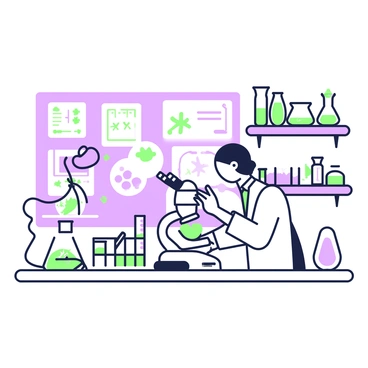 A laboratory scene is filled with various scientific equipment and research materials. In the center, there is a large table covered with green beakers and purple petri dishes containing different samples of plants. A microscope sits on the side of the table, next to a green notebook with handwritten notes. Several green and purple vials are arranged in a rack, while a nearby shelf displays neatly labeled jars filled with microbes. A researcher wearing a white lab coat is examining a plant sample under the microscope, focused and attentive. The background includes charts on the wall illustrating plant growth and microbial activity.