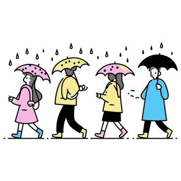 A group of people walking in the rain, each holding a bright, patterned umbrella. The umbrellas feature various designs, including polka dots, stripes, and floral patterns. The individuals are dressed in raincoats of different colors, with some wearing rubber boots. Puddles form on the ground, reflecting the vibrant colors of the umbrellas and the rainy scene. The sky is gray with rain falling softly, adding a sense of activity to the parade.
