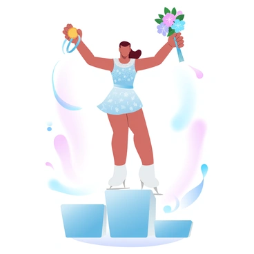 A figure skater receiving a gold medal on a podium while holding a bouquet of flowers.
