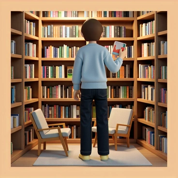 A person with medium-length brown hair, wearing a light blue sweater and dark jeans, is browsing through shelves in a bookstore. The shelves are filled with various books of different sizes and colors. The person is holding a book with a bright cover in their right hand and appears to be reading the back cover. Around them, there are wooden shelves, a cozy reading nook with a plush chair, and warm ambient lighting that creates a welcoming atmosphere.