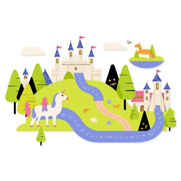 A collage on an illustration board featuring various fantasy kingdoms. One kingdom has a tall castle with spires and colorful flags waving in the wind. Nearby, a lush forest is home to mythical creatures like a unicorn with a shimmering mane and a dragon soaring above the treetops. Another kingdom showcases a floating island with waterfalls cascading into the clouds. There are also small villages with cobblestone paths and houses with thatched roofs. Each element blends seamlessly, creating a vibrant and enchanted scene.