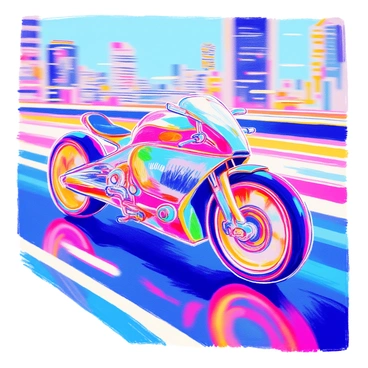 A sleek, futuristic speed bike is positioned at an angle to showcase its streamlined design. The bike has a shiny metallic frame that reflects light, emphasizing its modern aesthetic. Glowing neon lights are integrated along the edges of the bike, illuminating it in vibrant colors such as blue, pink, and green. The wheels are large and feature intricate designs that hint at advanced technology. In the background, a blurred cityscape can be seen, suggesting high speed and urban exploration.