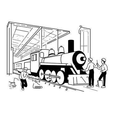 A large railway garage with high ceilings and spacious interiors. In the center, a train engine is parked, featuring detailed mechanical components and large wheels. Several engineers are inspecting the train engine, each wearing safety helmets and work uniforms, with tools in their hands. One engineer is crouching down, examining a part of the engine, while another is standing beside it, pointing at a panel. The garage is filled with various tools and equipment scattered around, and large doors are open, revealing tracks extending outside.