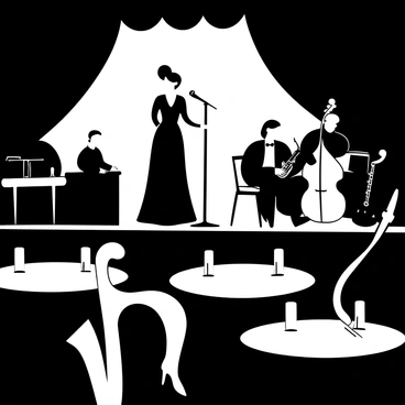 A dimly lit nightclub scene featuring a sultry jazz singer on stage, her silhouette outlined against the soft glow of the spotlight. She stands confidently at a vintage microphone, wearing an elegant gown that drapes to the floor. In the background, a jazz band is visible, with a pianist seated at a grand piano, a double bassist, and a drummer. Tables filled with patrons surround the stage, each table adorned with small flickering candles. A saxophonist leans against a wall, casually playing a tune while the crowd sways to the music, creating a lively atmosphere. The overall composition captures the essence of a vibrant nightlife ambiance.