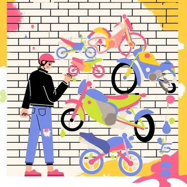 A girl wearing a black leather jacket and a red helmet is standing in front of a large brick wall. She is holding a paintbrush and is actively painting a vibrant mural of various colorful motorcycles. The mural features multiple motorcycle designs, including sport bikes and cruisers, all painted in bold colors. The girl has paint splatters on her jeans and a focused expression on her face as she adds intricate details to the motorcycles. In the background, there are graffiti elements that complement the mural, creating a lively urban atmosphere.