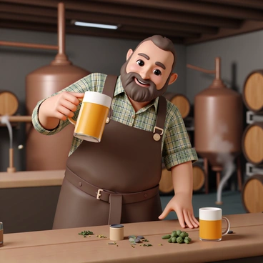 A dwarf brewmaster, with a thick brown beard and wearing a leather apron over a plaid shirt, stands in a rustic brewery. He is examining a wooden mug filled with golden ale, holding it up to the light while a hint of a smile appears on his face. The brewery features large copper brewing tanks in the background and wooden barrels stacked neatly along the walls. Various herbs and hops are scattered across a nearby table, and a faint steam rises from the brewing equipment, adding to the atmosphere of craftsmanship and tradition.