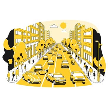 A bustling city street with cars lined up at a traffic light