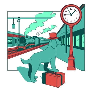 A teal sophisticated dog wearing a small red top hat is standing patiently on the platform of a vintage train station. The station features classic architecture with ornate details and weathered wood. A large red clock is mounted on a nearby pillar, displaying the time. The dog has an elegant posture, with its tail slightly raised, and is gazing towards the tracks where a train is approaching. There are vintage suitcases scattered on the platform beside the dog, adding to the nostalgic atmosphere of the scene.
