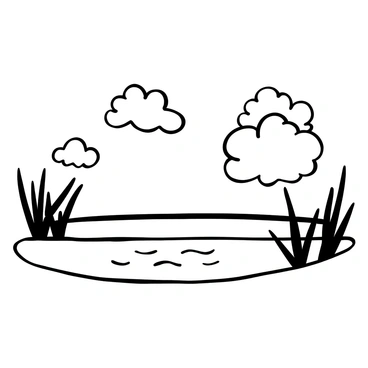 Fluffy clouds scattered across the sky, with intricate shapes and varying textures. A calm lake below reflects these clouds, mirroring their forms perfectly on the water's surface. Gentle ripples can be seen on the lake, suggesting a light breeze creating movement. Tall grass along the lake's edge sways slightly, adding a sense of motion to the scene.