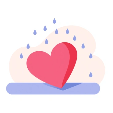 A human heart depicted in vibrant red is resting on a smooth surface. Gentle raindrops, illustrated in translucent shades of blue, are falling from above, creating small splashes upon contact with the heart. The droplets vary in size, adding a sense of movement and freshness to the scene. The background features soft, diffused colors that suggest a cloudy sky, enhancing the overall atmosphere of tranquility.