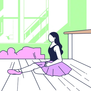A girl is sitting on the polished wooden floor of a dance studio. She has long, flowing hair that cascades over her shoulders. She is wearing a fitted black leotard paired with a pink tutu. With her right hand, she is carefully lacing up her blush pink ballet shoes. The studio has large mirrors along one wall, reflecting her focused expression. A wooden barre runs along another wall, and a pink yoga mat is rolled up in the corner. Natural light floods the space through large windows, creating a bright and inviting atmosphere.
