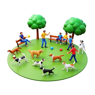 A lively scene at a local dog park featuring various dogs and their owners engaged in playful activities. Multiple breeds of dogs, including a golden retriever, a beagle, and a border collie, are seen running and jumping. Owners, dressed in casual attire, are throwing balls and frisbees for their dogs. Trees provide shade in the background, while other park-goers are seated on benches, enjoying the atmosphere. The ground is covered with green grass, and a few dogs are playfully chasing each other.
